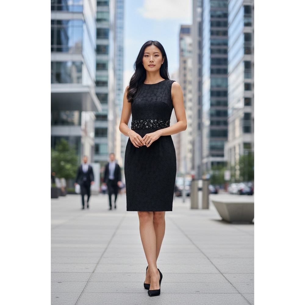 Worth Blackโ Floral Jacquard Slit Shoulder Beaded Sheath Dress - NWT Retail $545